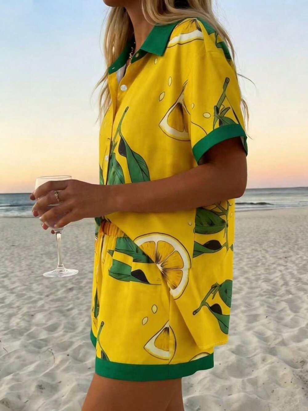 Yellow Casual Women's lemon Print Short Sleeve Shirt And Shorts Suit - Picture 5 of 5